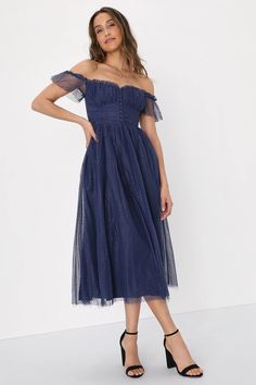 Navy Blue Mesh Midi Dress - A-Line Dress - Off-the-Shoulder Dress - Lulus Blue Wedding Guest Dress, White Bridal Shower Dress, Bustier Midi Dress, Fall Wedding Guest Dress, Elegant Midi Dresses, Fashion Goals, Blue Tulle, Different Dresses, Fall Wedding Dresses