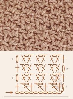 the crochet stitch pattern is shown in two different colors and has an arrow on it