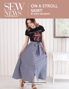 a woman wearing a skirt and t - shirt with the words sew news on it