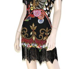 "This 80s-era silk trophy dress from Naeem Khan - Riazee features a stunningly sequined & beaded pop art design, beaded zig-zag fringe on sleeves and hemline, keyhole back, and mini length skirt. Luxuriously well-made and ready to turn heads! Dress is fully lined, has removable shoulder pads, and zips up the back. Best fits size xs or small (please check measurements below). Accessories not included. Payment plans available. Approximate Flat Measurements: Multiply times 2 for bust, waist, an 80s Era, Naeem Khan, Graphic Dress, Pop Art Design, Vintage Pin Up, Star Dress, Wiggle Dress, Sequin Beading, Beaded Fringe