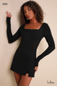 Confidence will come easy when you know you're looking oh-so-cute in the Lulus Constant Charm Black Long Sleeve Square Neck Romper! Stretchy ponte knit shapes this sophisticated romper that has long fitted sleeves and a square neckline. Bodice boasts flattering seaming details and a fitted waist, atop attached shorts that have a front skirt overlay with a notched mini hem. Hidden zipper/clasp at back. Fit: This garment fits true to size. Length: Above mid-thigh. Size medium measures 30.5" from s Solid Mini Length Jumpsuits For Night Out, Chic Mini Length Jumpsuits For Date Night, Chic Mini Length Jumpsuits And Rompers For Date Night, Solid Mini Jumpsuits And Rompers For Night Out, Elegant Mini Length Jumpsuits And Rompers For Date Night, Elegant Mini Jumpsuits And Rompers For Date Night, Chic Mini Jumpsuits And Rompers For Date Night, Elegant Mini Length Jumpsuits For Date Night, Chic Fitted Mini Jumpsuit/romper