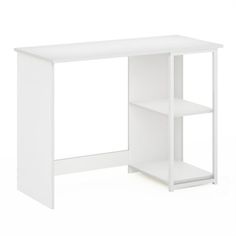 a white desk with two shelves on each side and one shelf at the top, against a white background