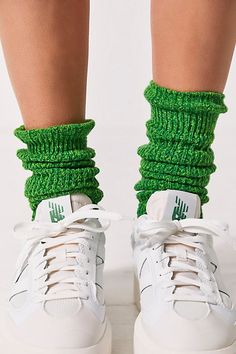 A necessary addition to your sock drawer, these so cozy and seriously soft socks are featured in a chunky, ribbed knit fabrication and slouchy silhouette with a seamed heel and toe. | Staple Slouch Socks by Free People in Green Socks Styling, Women's Socks, Slouchy Socks, Colored Socks Outfit, Shoes And Socks, Color Socks Outfit, Trendy Thick Knitted Socks, Colorful Socks Outfit Women, Sock Designs