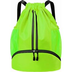 a neon green drawsack bag with black zippers on the front and side pockets