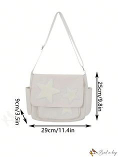 a white bag with stars on it and measurements for the shoulder strap, which is attached to