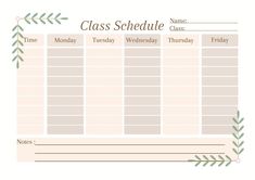 a printable class schedule is shown with arrows and leaves on the front, in light pink