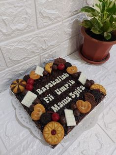 a birthday cake with chocolate, marshmallows and other toppings sits on a table next to a potted plant