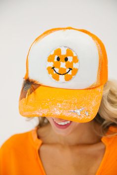 CHECKERED SMILEY TEXAS TRUCKER HAT gameday23 Judith March Fun Orange Trucker Hat One Size Fits Most, Fun Orange Trucker Hat, Fun Orange Snapback Hat, Waffle Tee, Glitter Spray, Jennifer Love Hewitt, Jennifer Love, White Hat, Smiley