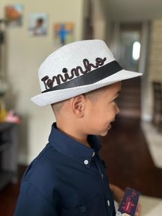 These Boy's hats are the PERFECT vacation or summer accessory! A fun and trendy boho inspired hat, this hat is perfect for kids. Choose any lettering, word or name, and a design if you wish. Be assured these are GREAT hats! Hats are going to be a little more expensive but I am pretty sure you will be happy to have it. Trust me, friends and people will complement it. I also pride myself on paying great attention to detail and perfecting every name and design or saying on your hat. Lastly, I perso White Fedora Costume Hat For Summer, White Beach Costume Hat With Short Brim, White Curved Brim Costume Hat For Beach, White Short Brim Beach Hat, Fun Brimmed Summer Costume Hats, Summer Beach Fedora Costume Hat, Fun White Brimmed Mini Hats, Adjustable Brimmed Costume Hat For Vacation, White Fun Sun Hat With Short Brim