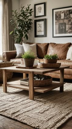 a living room with couches, tables and pictures on the wall