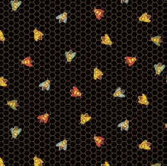 an image of bees and honeycombs on a black background with hexagonal cells