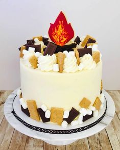 a cake with white frosting and chocolate pieces on top