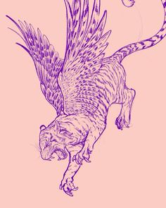 a drawing of a tiger flying with its wings spread out and tail extended, on a pink background