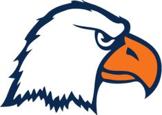 the head of an eagle is shown in blue and orange colors on a white background