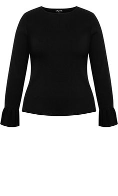 A style essential that keeps you warm, the Selena Sweater is a versatile piece you'll love on repeat. Made with soft stretch knit fabrication and designed with a fitted silhouette, this long-sleeved jumper in made with your curves in mind. Key Features Include: - Wide round neck - Full length sleeves with ruffle cuff - Fitted - Soft stretch knit fabrication - Hip length hemline Wear with a modern high waist fit trouser and ankle heel boots. | Plus Size Selena Sweater in Black, Size 18 | City Chi Ankle Heel Boots, Plus Size Jumpers, Rib Sweater, Denim Outerwear, Plus Size Outerwear, Date Night Dresses, Fitted Trousers, Jewel Neck, Lightweight Sweater