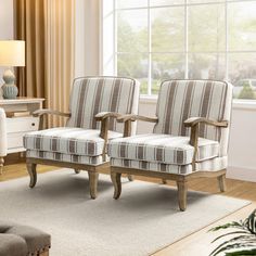 This armchair adds a cozy spot to sit and relax in your living room while anchoring it with a farmhouse look we love. Arriving in a set of two, these deep-seated chairs are crafted with solid wood frames with a weathered brown finish, and they're wrapped in striped polyester fabric with plenty of fading for a well-worn feel. The fixed back and seat are filled with foam padding, giving you plenty of cushioned support while you catch up with friends or watch TV. Plus, they showcase cabriole legs a Lioness Painting, Farmhouse Armchair, Striped Armchair, Striped Chair, Comfy Armchair, Blue Armchair, Cozy Spot, Upholstered Armchair