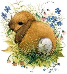 a drawing of a rabbit sitting in the grass with flowers around its neck and ears