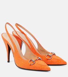 Horsebit GG canvas slingback pumps in orange - Gucci | Mytheresa Test Outfit, Gucci Slingback, Miranda Hobbes, Chloe 2024, Orange High Heels, Designer Perfumes, Slingback Mules, Orange Heels, Gucci Heels