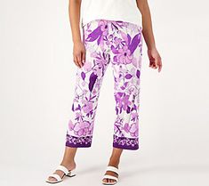 An undeniably chic style, these Liquid Knit® pants showcase a fabulous print. The cropped length is just right for warm sunny days spent out and about. From Susan Graver. Chic Patterned Bottoms For Summer, Chic Patterned Summer Bottoms, Spring Vacation Capri Length Pants, Spring Vacation Stretch Capris, Chic Patterned Bottoms With Floral Print, Spring Vacation Capri Pants, Summer Patterned Bottoms For Loungewear, Chic Floral Print Patterned Bottoms, Chic Spring Capris For Loungewear