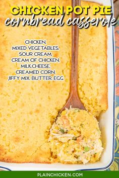 chicken pot pie cornbread casserole recipe on a white plate with a wooden spoon