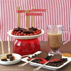 desserts and drinks are arranged on the table