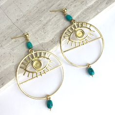 Evil Eye Hoop Earrings W/ Turquoise Post Backs Brass, Turquoise Howlite Gemstones, Gold Plated Ear Posts, Ear Backs Included. Approx. Size: 2-5/8"L, 1-1/2"W Brand New, Handmade By: Jpeace Designs Similar To Anthropologie And Free People Style Jewelry. Anthro Style, Handmade Bohemian Earrings, Boho Jewelry *Gemstones Are Natural And No Two Are Alike. Anthro Style, Wedding Earrings Studs, Pearl Drop Earrings Gold, Gold Bead Earrings, Wedding Studs, Crystal Heart Earrings, Free People Style, Long Drop Earrings, Turquoise Howlite