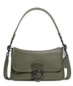 10-1/2"W x 6-1/2"H x 3-1/2"D (width is measured across the bottom of handbag) • Silhouette is based off 5'9" model • 9"L removable handle; 21-1/2"L removable strap • Snap closure • Pewter-tone exterior hardware, 1 zip pocket & logo • 1 interior zip pocket & fabric lining • Bag converts from crossbody to handbag or clutch by removing straps • Smooth leather/genuine snakeskin • Wipe clean • Includes dust bag • Brand new in original packaging Green Coach Bag, Coach Soft Tabby, Soft Tabby Shoulder Bag, Tabby Shoulder Bag, Coach Tabby, Gold Bag, Coach Shoulder Bag, Cambridge Satchel Company, Coach Bag