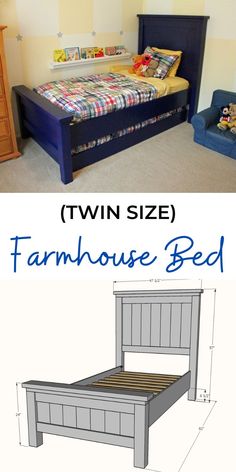 the plans for a twin size bed are shown in two different sizes, and one is blue