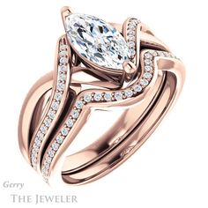 a rose gold engagement ring set with a pear shaped diamond