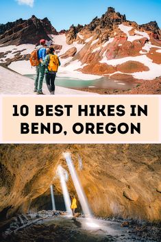 two hikers standing in front of a waterfall with text overlay reading 10 best hikes in bend, oregon