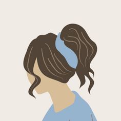 a drawing of a woman's head with long hair in a ponytail, wearing a blue shirt