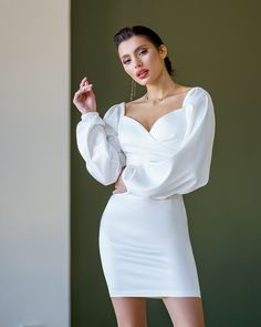 Fabric: Satin Cotton 50%, Polyester 50% Puff sleeves Mini length Dress length: 85cm/ 33.4in Skirt length: 54cm/ 21in White Satin, Mini Dress With Sleeves, White Mini Dress, Skirt Length, Puff Sleeves, Dress Length, Puff Sleeve, White Dress, Satin