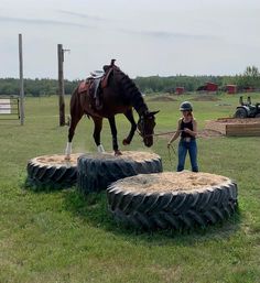 a woman standing next to a horse on top of two large tires in a field