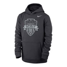 the nike hoodie is shown in dark grey with white lettering and an emblem on it