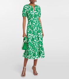 Lindy Floral Cotton Midi Dress in Green - Diane Von Furstenberg | Mytheresa Knee-length Floral Midi Dress With Fitted Waist, Cotton Floral Print Midi Dress, Belted Knee-length Midi Dress For Garden Party, Elegant Cotton Floral Midi Dress, Cotton Midi Dress With Fitted Waist, Spring Floral Belted Dress, Belted Cotton Midi Dress For Spring, Knee-length Cotton Midi Dress With Floral Print, Green Belted Cotton Dress