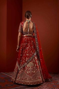 Deep Red Lengha Bridal, Red Raw Silk Choli For Traditional Ceremonies, Red Art Silk Choli With Motifs, Red Raw Silk Lehenga For Traditional Ceremonies, Red Choli With Cutdana For Traditional Ceremonies, Red Lehenga With Dupatta For Transitional Season, Red Cutdana Choli For Traditional Ceremonies, Transitional Lehenga With Intricate Embroidery For Traditional Ceremonies, Red Bollywood Lehenga For Transitional Season