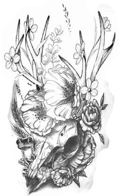 a skull with flowers and birds on it's head is shown in this tattoo design