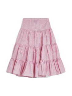 rose pink cotton signature Barocco print tiered skirt A-line elasticated waistband Long Pink Skirt, Kids Skirt, Versace Kids, Fresh Fashion, Normal Clothes, Skirts For Kids, Skirt Long, Wardrobe Ideas, Pink Skirt