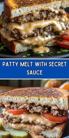 two pictures of the patty melt with secret sauce