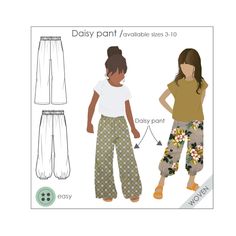 two women's pants and one woman's top sewing pattern