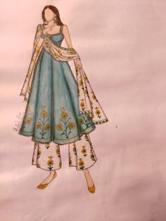 a drawing of a woman in a blue dress