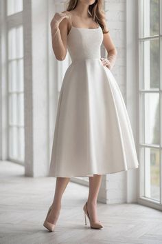 Short Clean Minimalist Wedding Dress ET3013 Civil Wedding Dresses, Tea Length Wedding, Gaun Fashion, 파티 드레스, Minimalist Wedding Dresses, Wedding Robe, Tea Length Wedding Dress, Civil Wedding, Modest Wedding Dresses