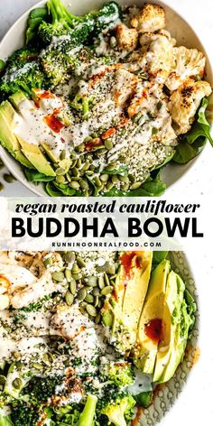 two bowls filled with different types of food and the words vegan roasted cauliflower buddha bowl