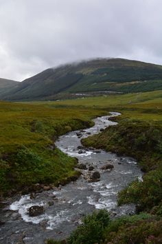 a stream running through a lush green valley