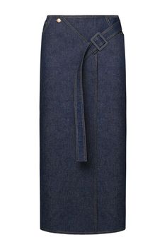 High waist denim midi skirt. Slitted. Diagonal belt fastening at front. Color: classic denim. Shell: 100% Cotton Made in Georgia Model is wearing size S. Model measurements: 176 cm height, 82/59/89 cm. Luxury Spring Skirt With Side Pockets, Luxury Asymmetrical Hem Workwear Skirt, Luxury Women's Skirt With Multiple Pockets, Luxury Spring Skirt With Concealed Front Fastening, Luxury Long Inseam Lined Skirt, Cotton Denim Skirt With Belt Loops For Work, High-waist Denim Blue Skirt With Belt Loops, Denim Blue Cotton Skirt With Belt Loops, High-waisted Denim Skirt With Belt Loops