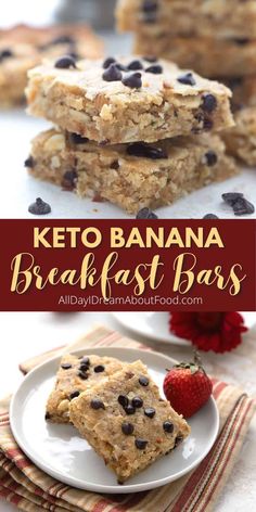 keto banana breakfast bars on a plate with strawberries and chocolate chips in the background