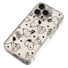 a clear phone case with black and white cartoon characters on the front, along with buttons