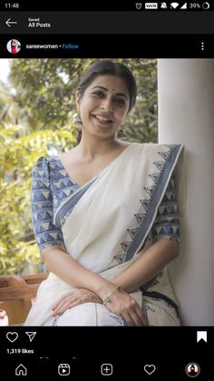 Setum Mundum Blouse, Kerala Saree Blouse Colour Combination, Blue Blouse Kerala Saree, Kerala Saree With Contrast Blouse, Plain Saree Blouse Designs, Professional Saree Look, Handloom Cotton Saree Blouse Piece, Kerala Cotton Saree Blouse, Upsc Interview Saree