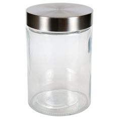 an empty glass jar with a metal lid