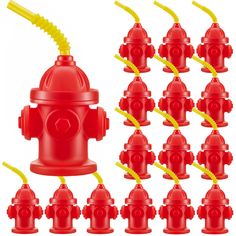 a red fire hydrant with yellow hoses attached to it's sides and six smaller ones on each side